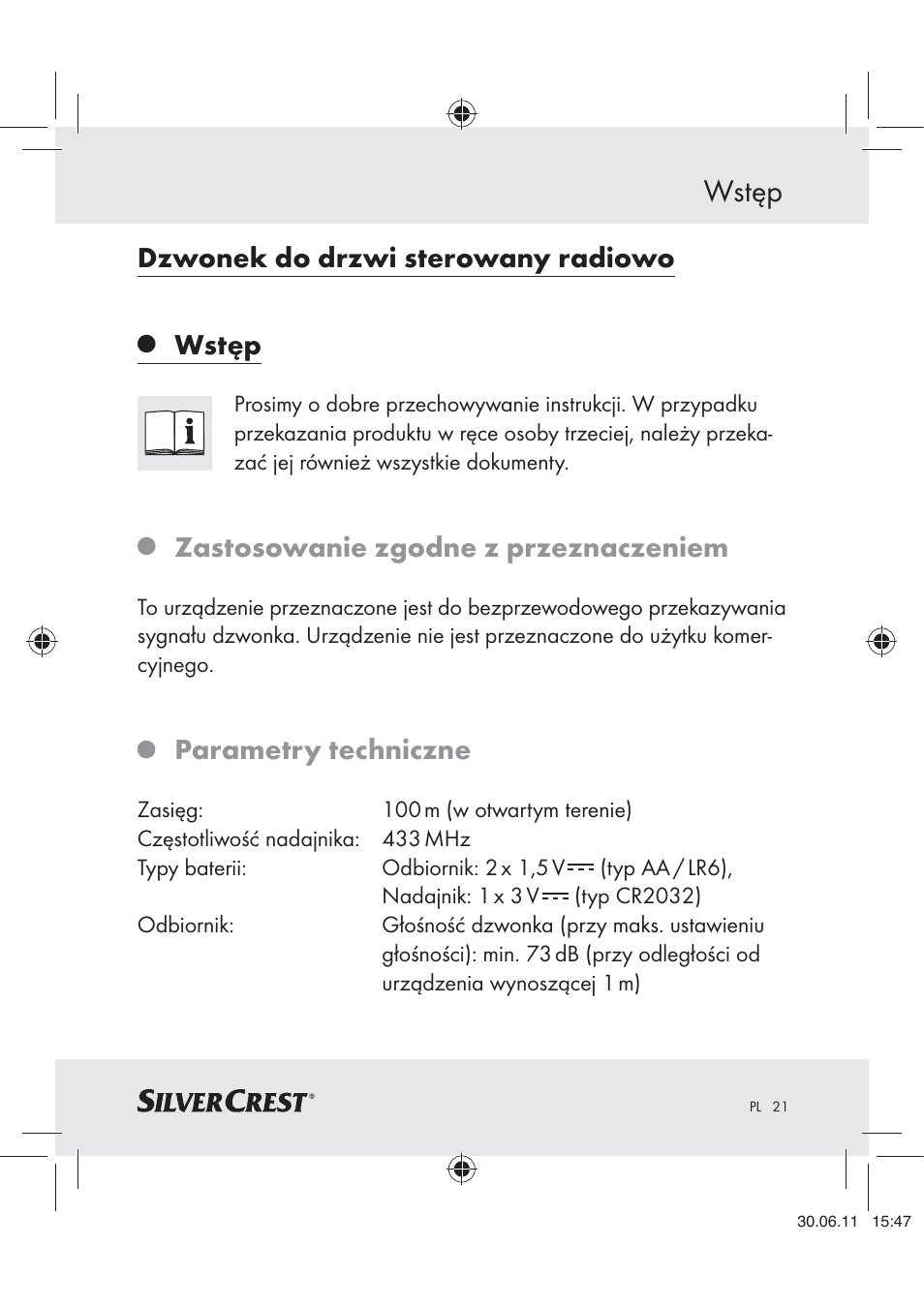 Dzwonek do drzwi sterowany radiowo, Wstęp, Zastosowanie zgodne z przeznaczeniem | Parametry techniczne | Silvercrest Z30914 User Manual | Page 22 / 101