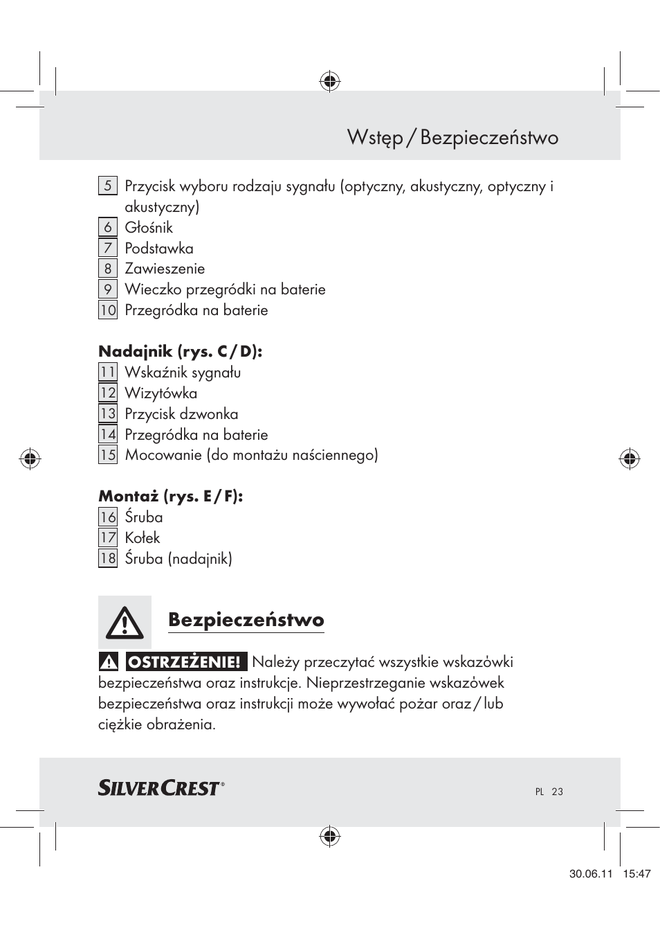 Wstęp / bezpieczeństwo, Bezpieczeństwo | Silvercrest Z30914 User Manual | Page 24 / 101