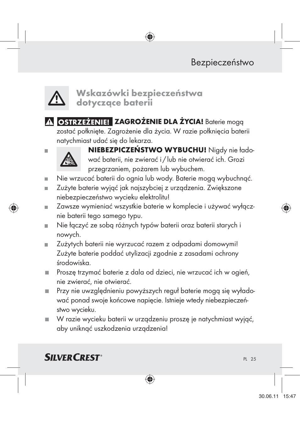 Bezpieczeństwo, Wskazówki bezpieczeństwa dotyczące baterii | Silvercrest Z30914 User Manual | Page 26 / 101