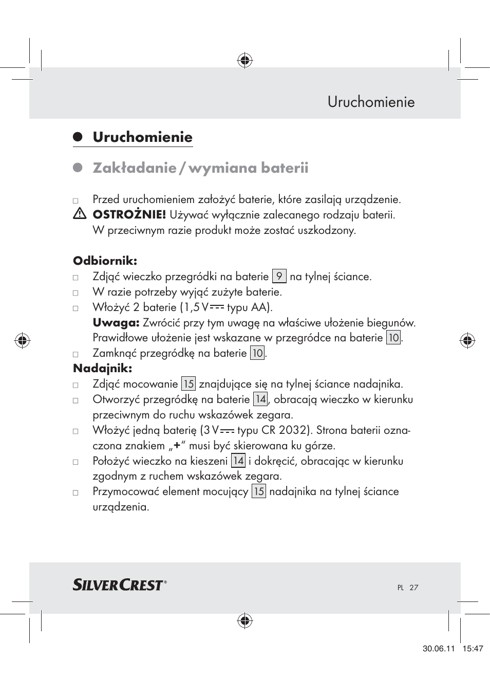 Uruchomienie, Uruchomienie zakładanie / wymiana baterii | Silvercrest Z30914 User Manual | Page 28 / 101