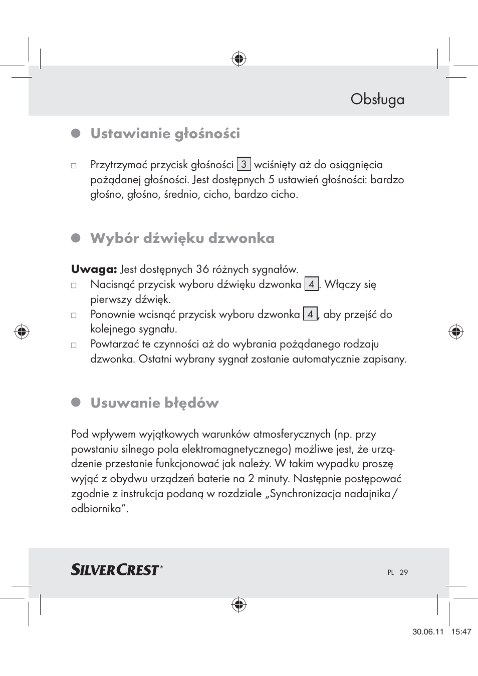 Obsługa, Ustawianie głośności, Wybór dźwięku dzwonka | Usuwanie błędów | Silvercrest Z30914 User Manual | Page 30 / 101