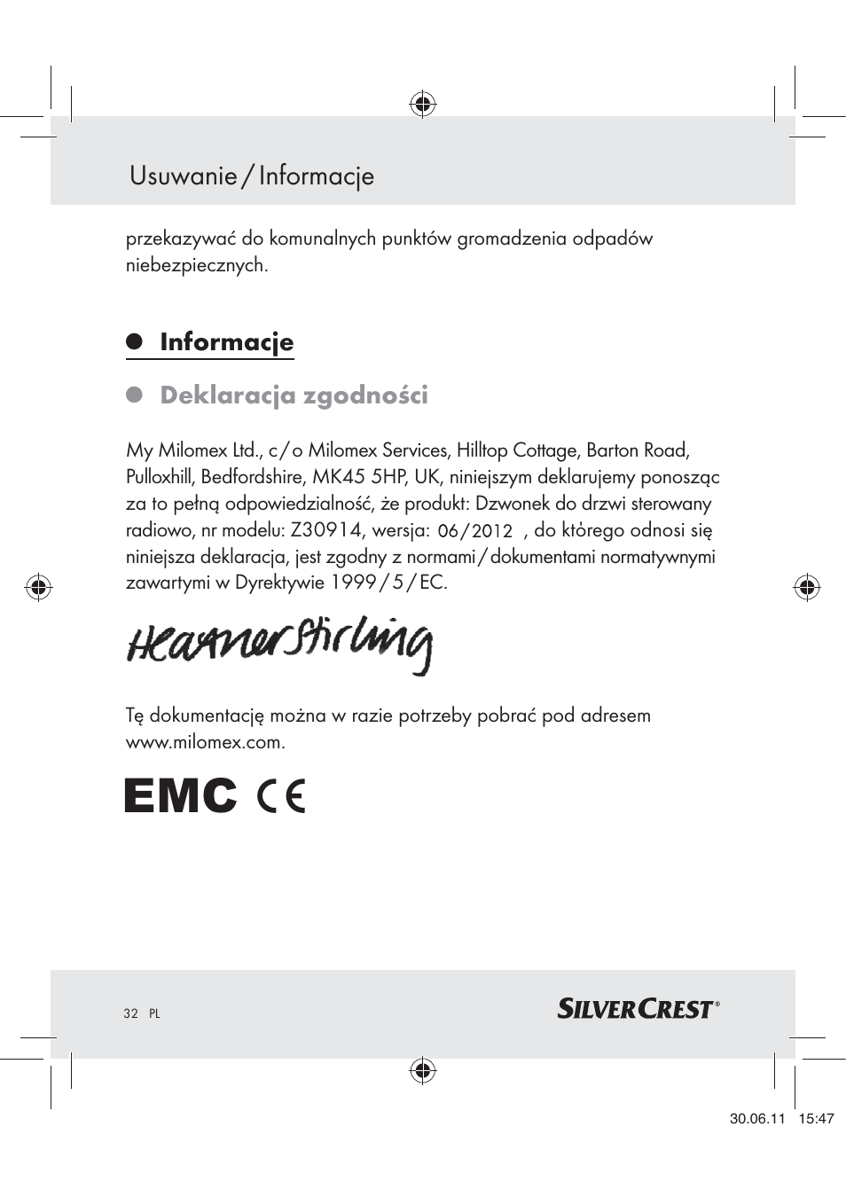 Usuwanie / informacje, Informacje, Deklaracja zgodności | Silvercrest Z30914 User Manual | Page 33 / 101
