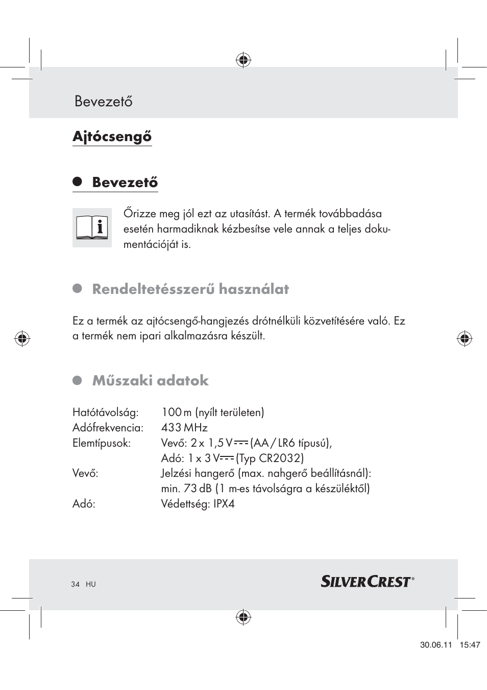 Ajtócsengő, Bevezető, Rendeltetésszerű használat | Műszaki adatok | Silvercrest Z30914 User Manual | Page 35 / 101