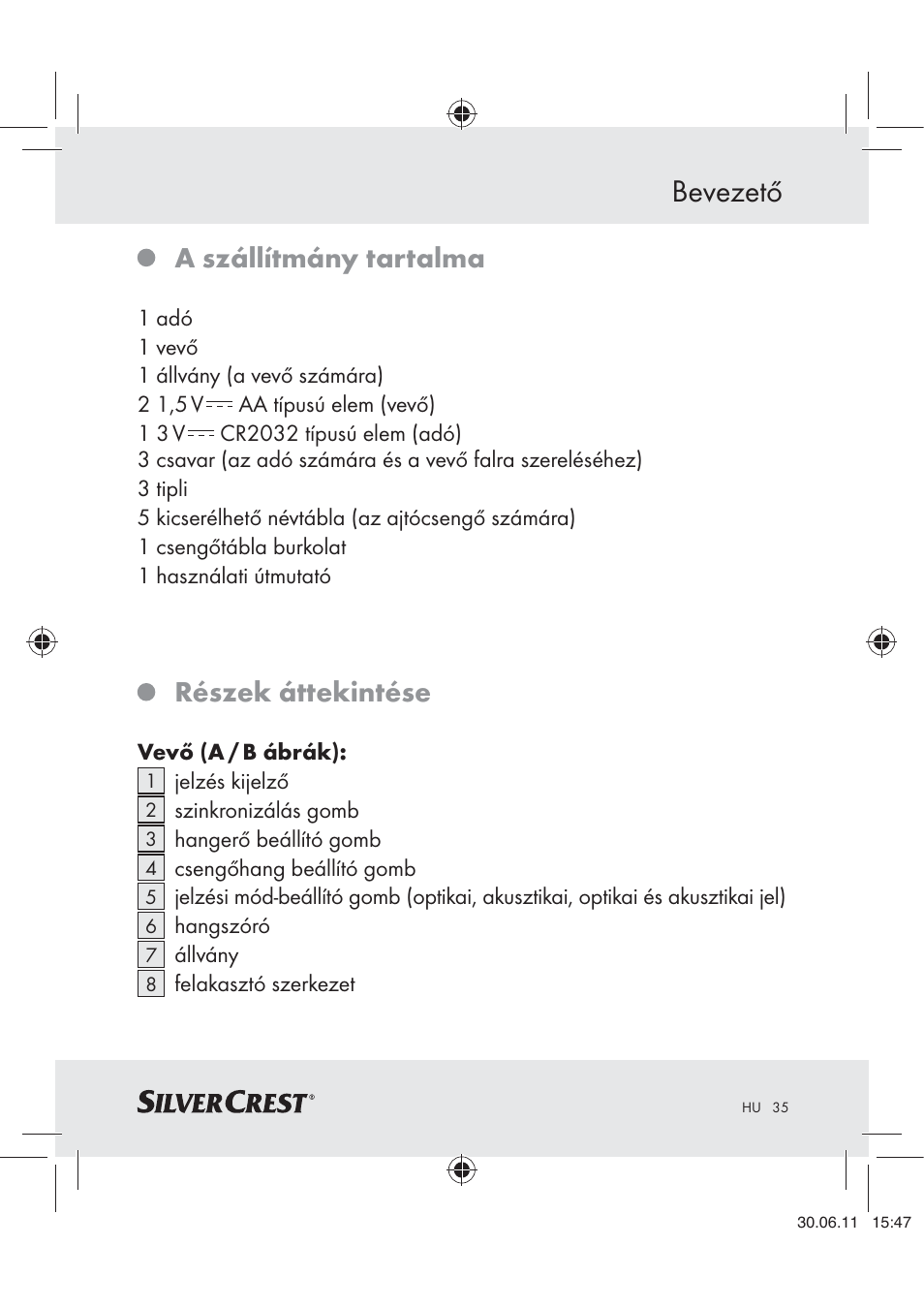 Bevezető, A szállítmány tartalma, Részek áttekintése | Silvercrest Z30914 User Manual | Page 36 / 101