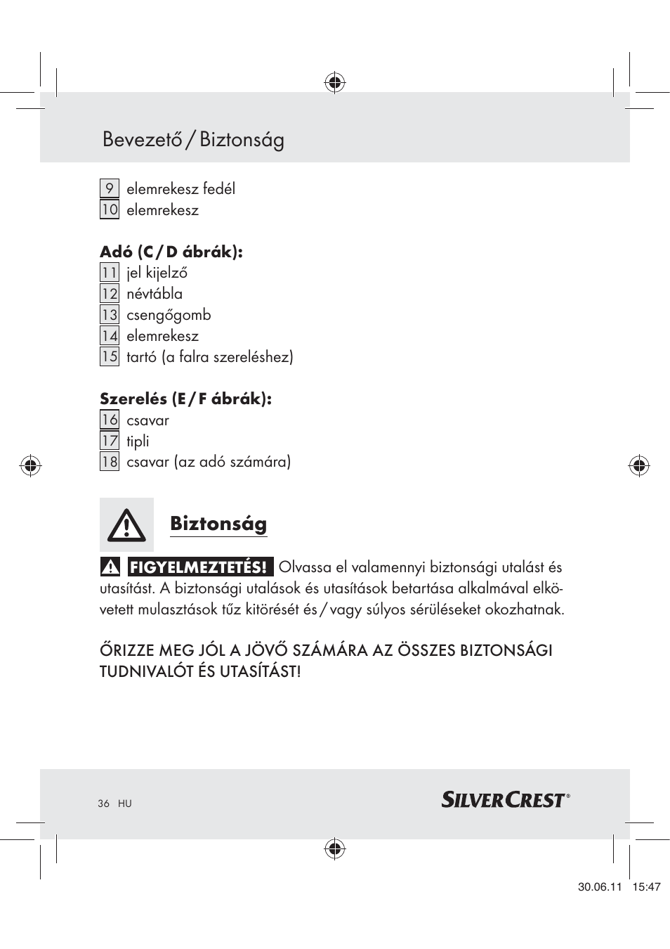 Bevezető / biztonság, Biztonság | Silvercrest Z30914 User Manual | Page 37 / 101
