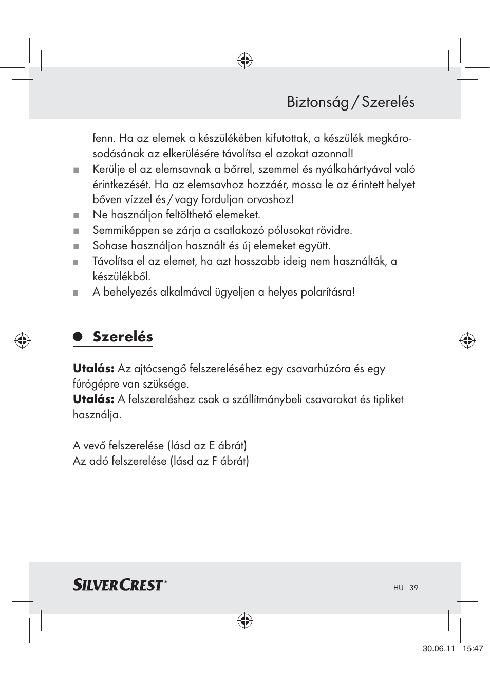 Biztonság / szerelés, Szerelés | Silvercrest Z30914 User Manual | Page 40 / 101