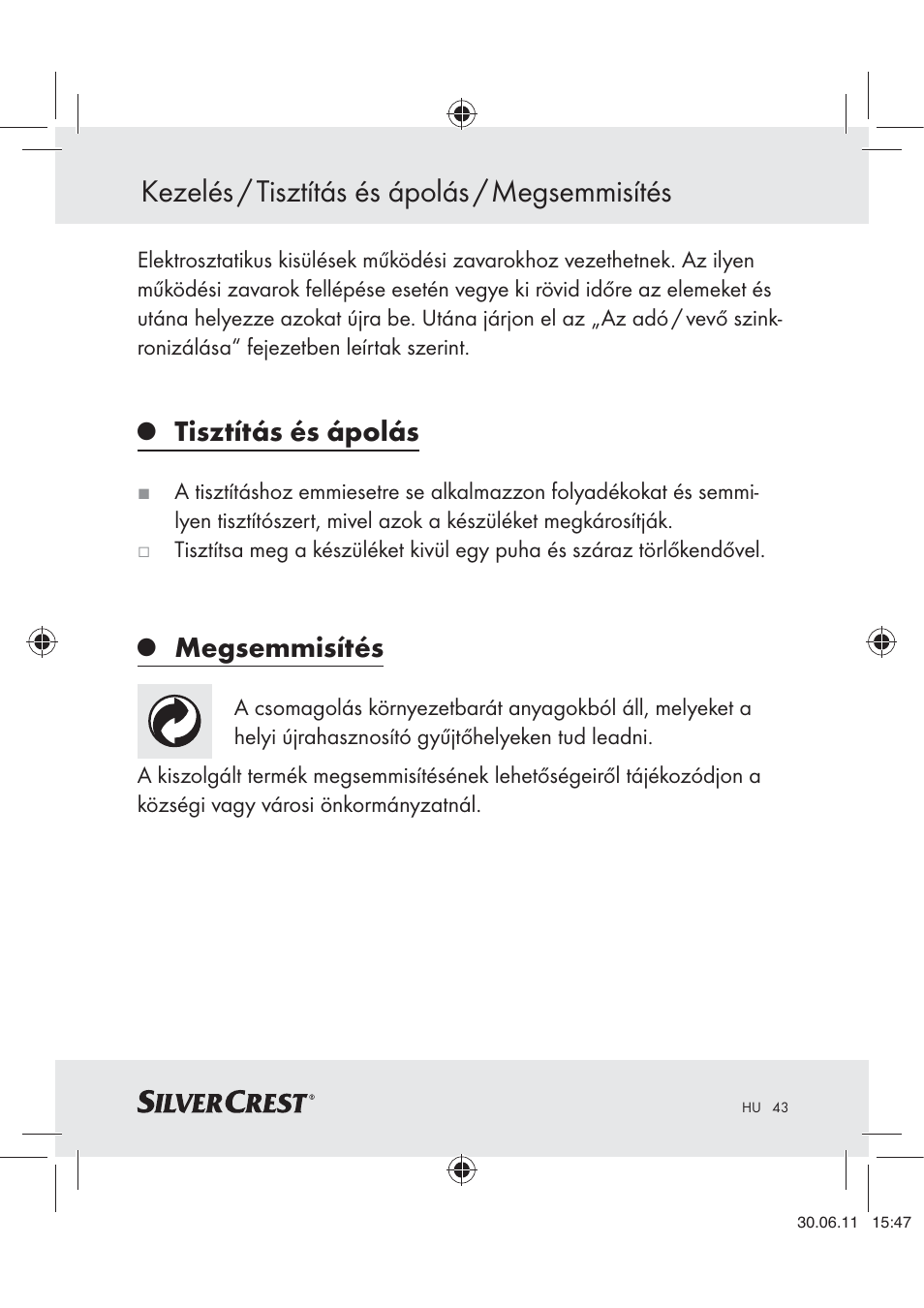 Kezelés / tisztítás és ápolás / megsemmisítés, Tisztítás és ápolás, Megsemmisítés | Silvercrest Z30914 User Manual | Page 44 / 101