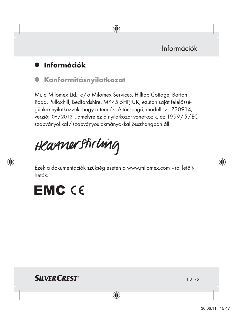 Információk | Silvercrest Z30914 User Manual | Page 46 / 101