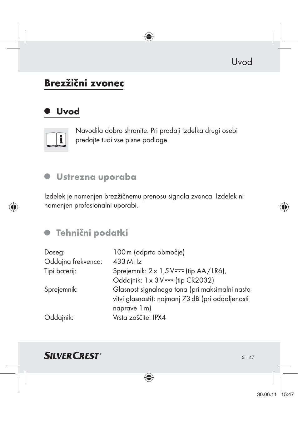 Uvod, Ustrezna uporaba, Tehnični podatki | Silvercrest Z30914 User Manual | Page 48 / 101