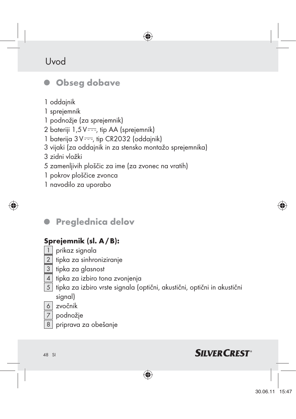 Uvod, Obseg dobave, Preglednica delov | Silvercrest Z30914 User Manual | Page 49 / 101
