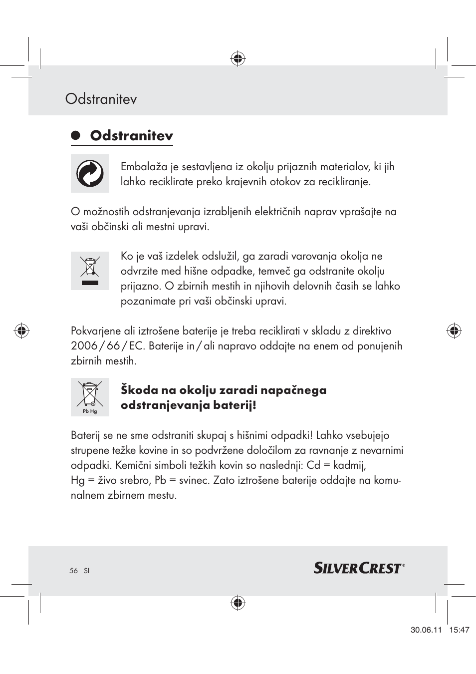 Odstranitev | Silvercrest Z30914 User Manual | Page 57 / 101