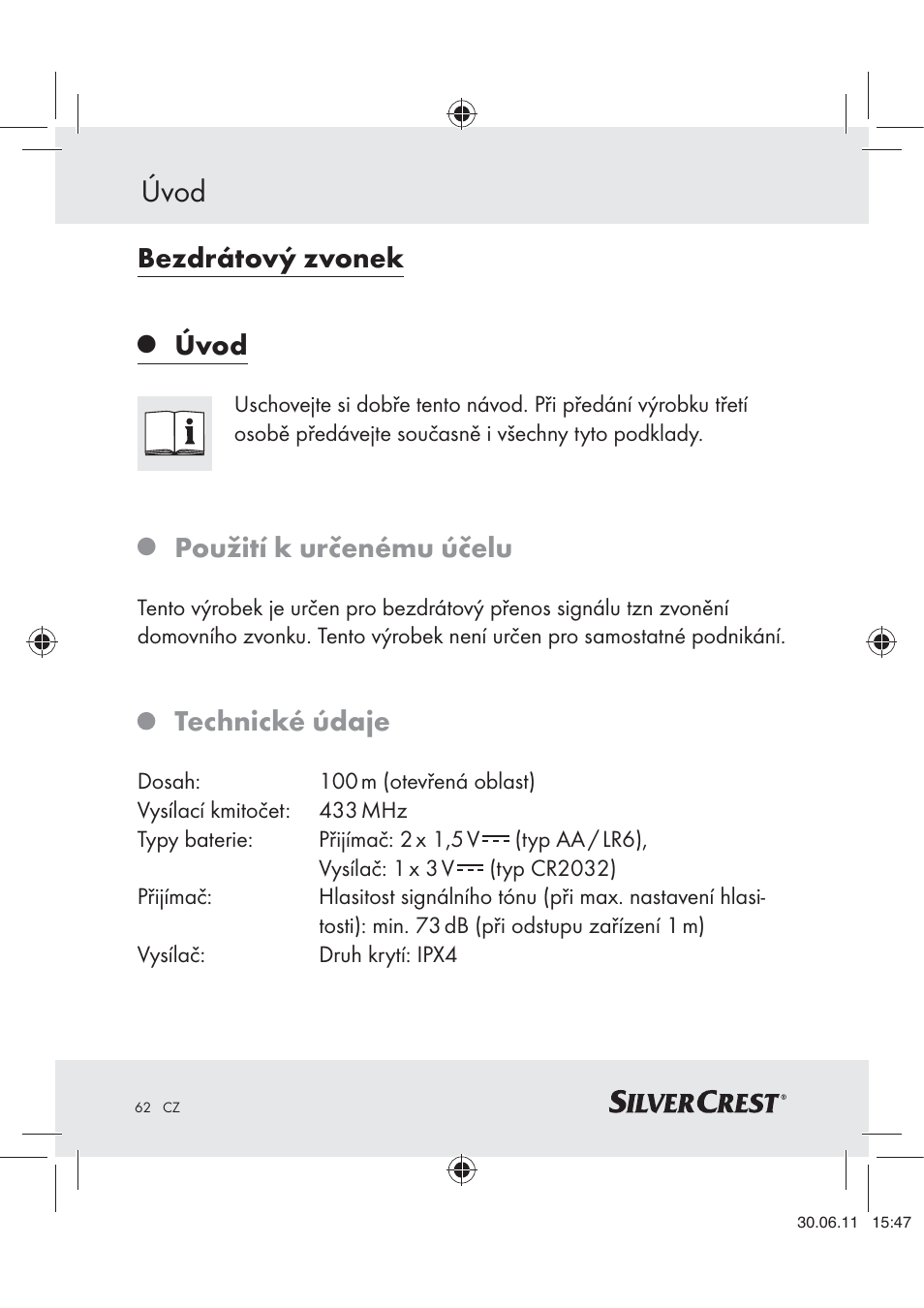 Bezdrátový zvonek, Úvod, Použití k určenému účelu | Technické údaje | Silvercrest Z30914 User Manual | Page 63 / 101