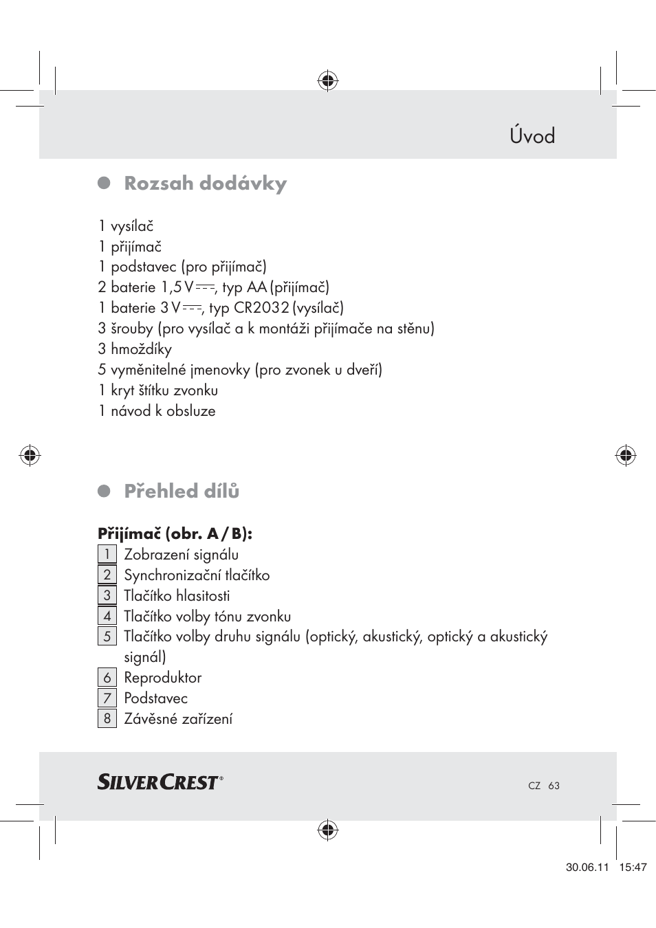 Úvod, Rozsah dodávky, Přehled dílů | Silvercrest Z30914 User Manual | Page 64 / 101