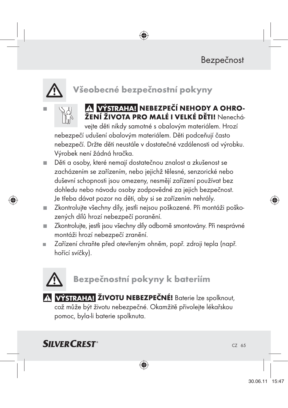Bezpečnost, Všeobecné bezpečnostní pokyny, Bezpečnostní pokyny k bateriím | Silvercrest Z30914 User Manual | Page 66 / 101