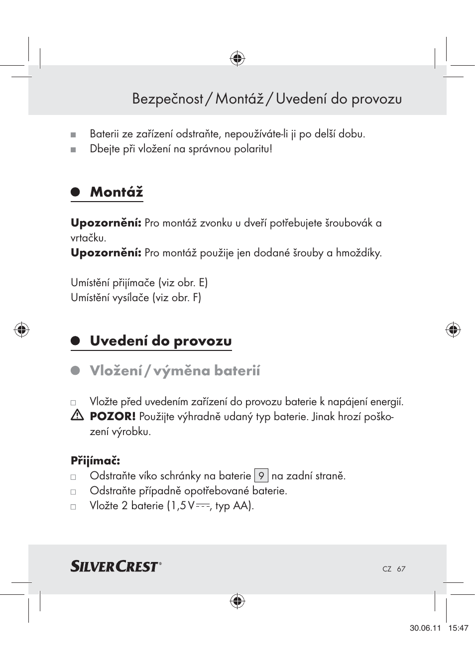 Bezpečnost / montáž / uvedení do provozu, Montáž, Uvedení do provozu vložení / výměna baterií | Silvercrest Z30914 User Manual | Page 68 / 101