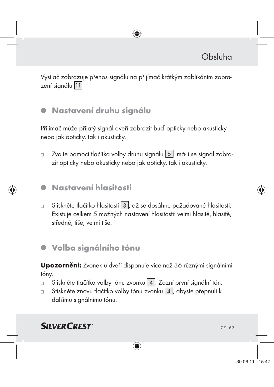 Obsluha, Nastavení druhu signálu, Nastavení hlasitosti | Volba signálního tónu | Silvercrest Z30914 User Manual | Page 70 / 101