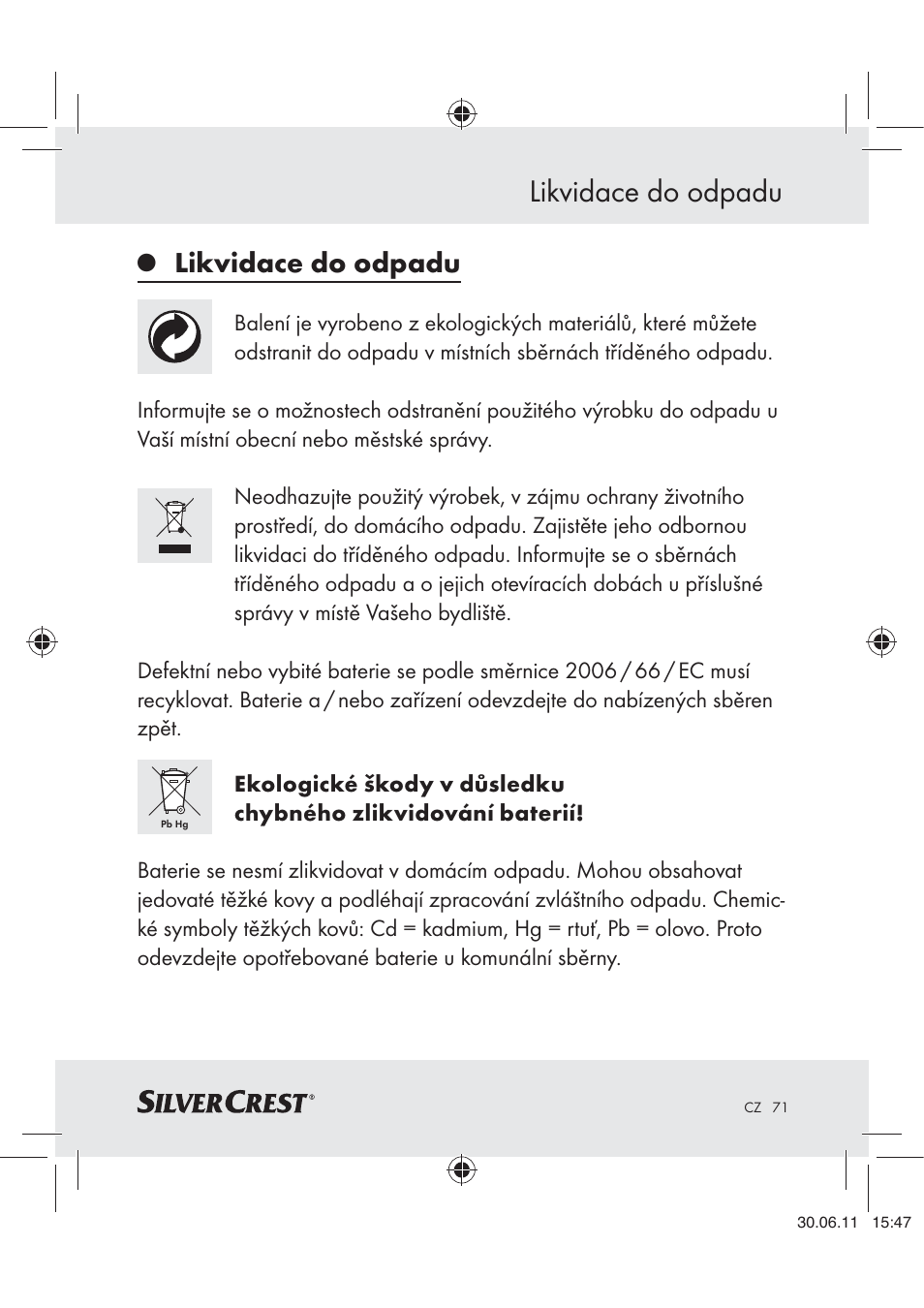 Likvidace do odpadu | Silvercrest Z30914 User Manual | Page 72 / 101