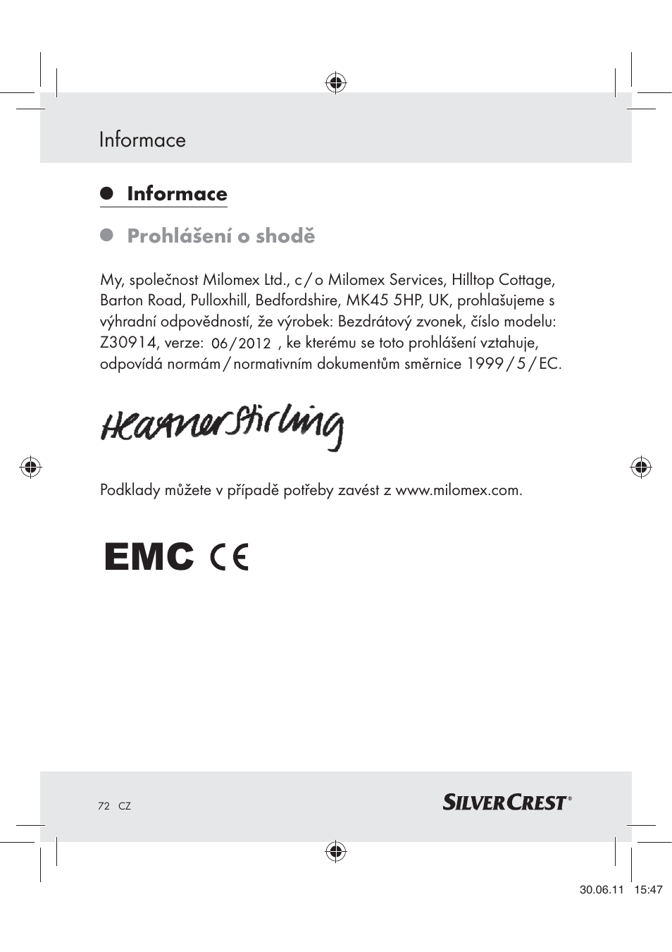 Informace, Prohlášení o shodě | Silvercrest Z30914 User Manual | Page 73 / 101