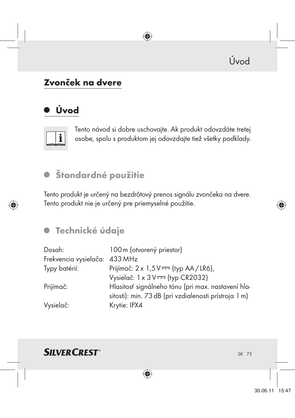Zvonček na dvere, Úvod, Štandardné použitie | Technické údaje | Silvercrest Z30914 User Manual | Page 76 / 101