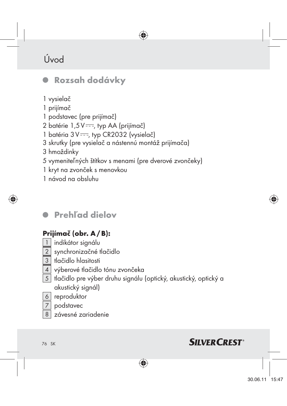 Úvod, Rozsah dodávky, Prehľad dielov | Silvercrest Z30914 User Manual | Page 77 / 101