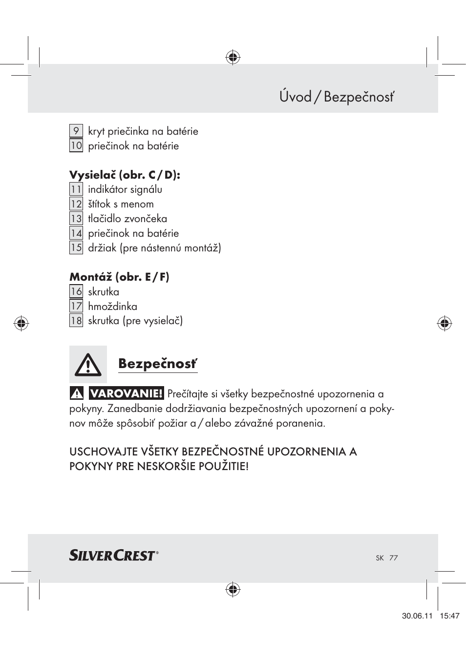 Úvod / bezpečnosť, Bezpečnosť | Silvercrest Z30914 User Manual | Page 78 / 101