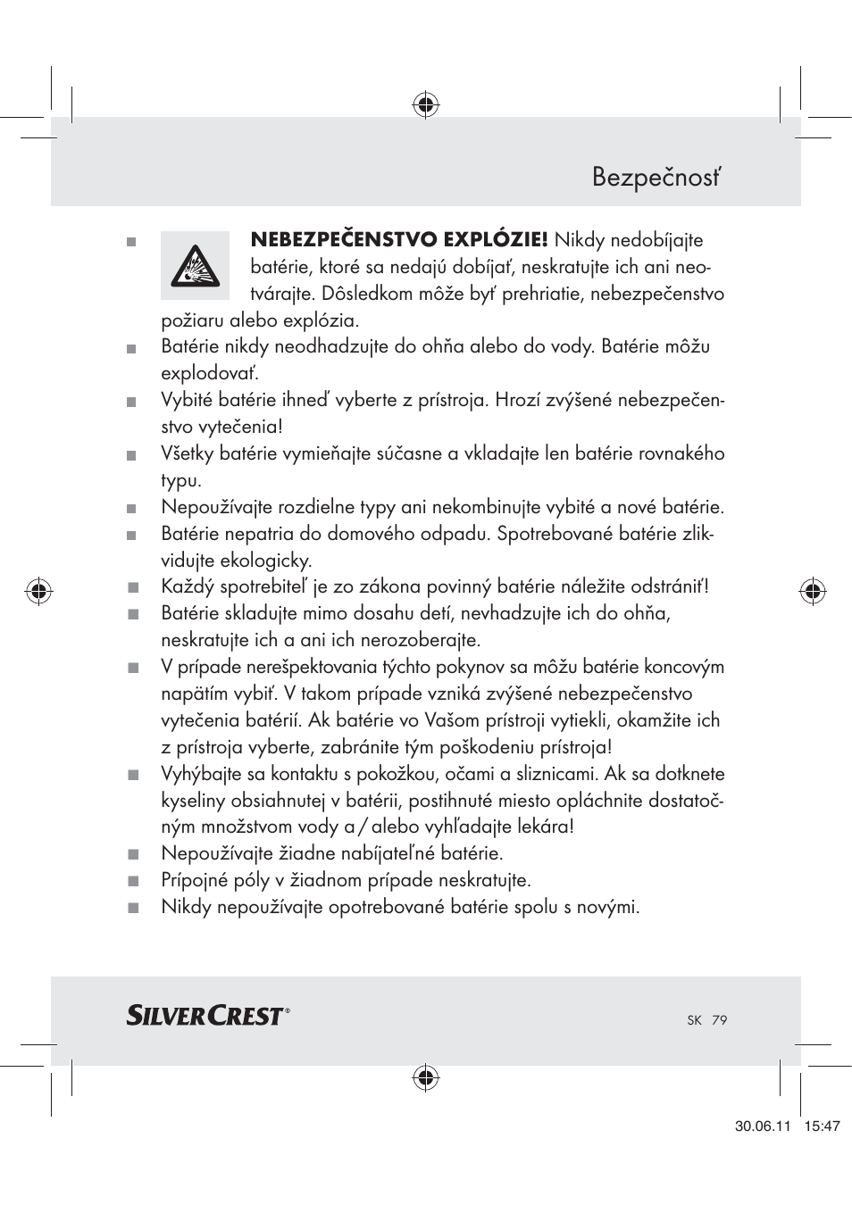 Bezpečnosť | Silvercrest Z30914 User Manual | Page 80 / 101