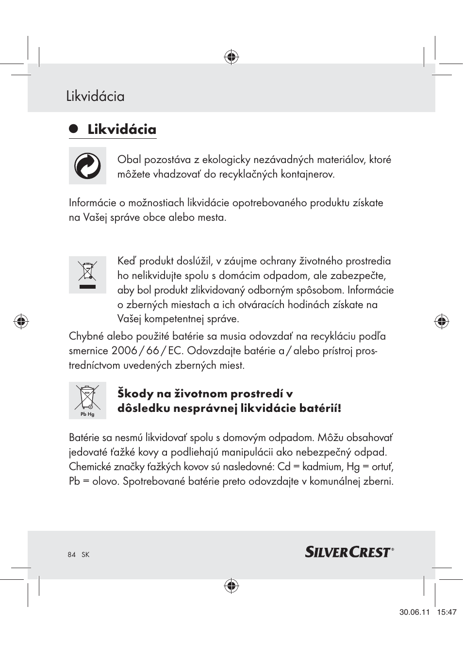 Likvidácia | Silvercrest Z30914 User Manual | Page 85 / 101