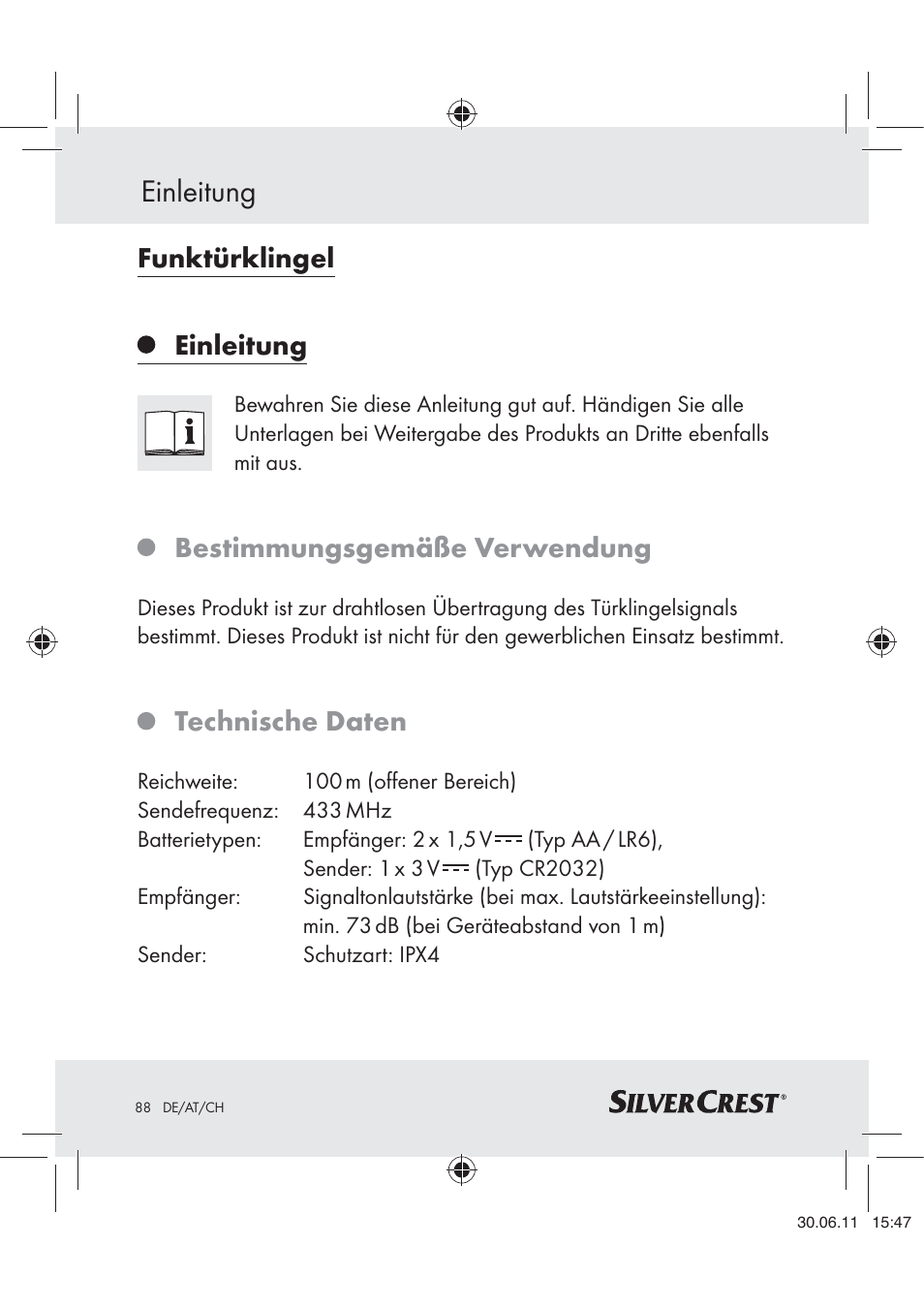 Einleitung, Funktürklingel, Bestimmungsgemäße verwendung | Technische daten | Silvercrest Z30914 User Manual | Page 89 / 101