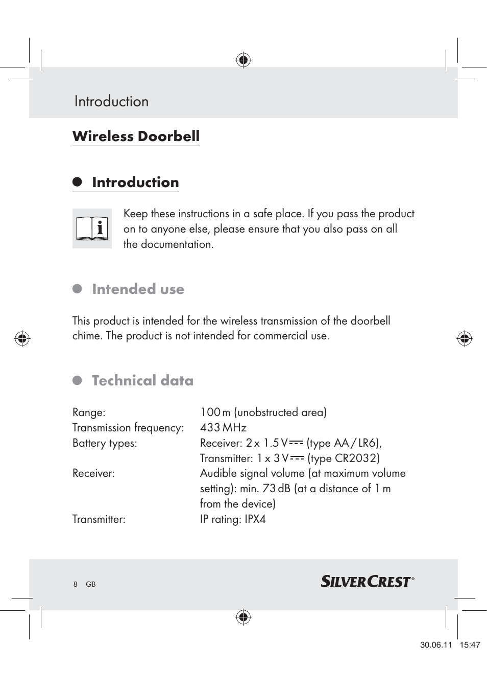 Introduction, Wireless doorbell introduction, Intended use | Technical data | Silvercrest Z30914 User Manual | Page 9 / 101