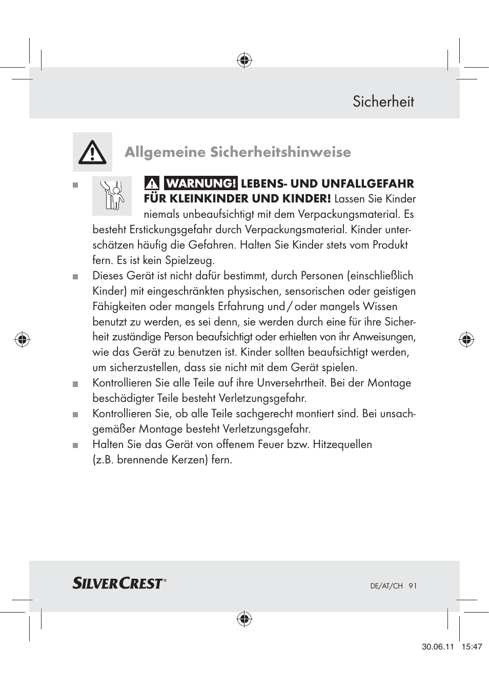 Sicherheit, Allgemeine sicherheitshinweise | Silvercrest Z30914 User Manual | Page 92 / 101