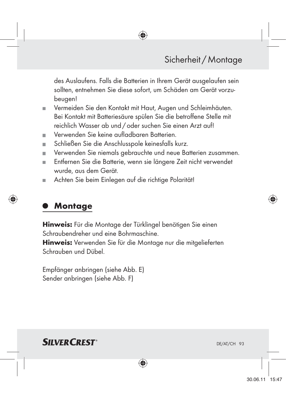 Sicherheit / montage, Montage | Silvercrest Z30914 User Manual | Page 94 / 101