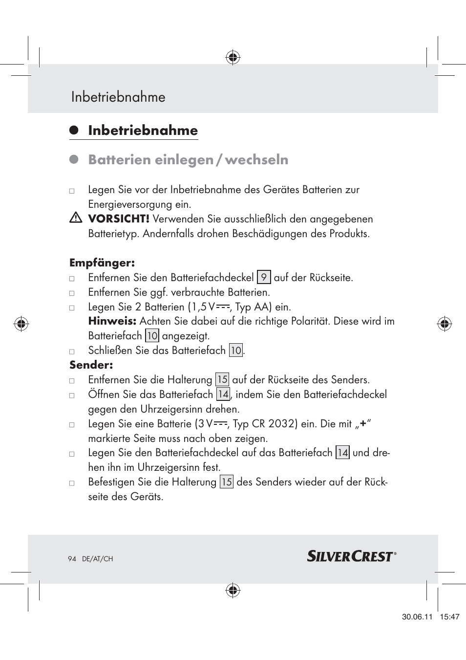 Inbetriebnahme, Batterien einlegen / wechseln | Silvercrest Z30914 User Manual | Page 95 / 101