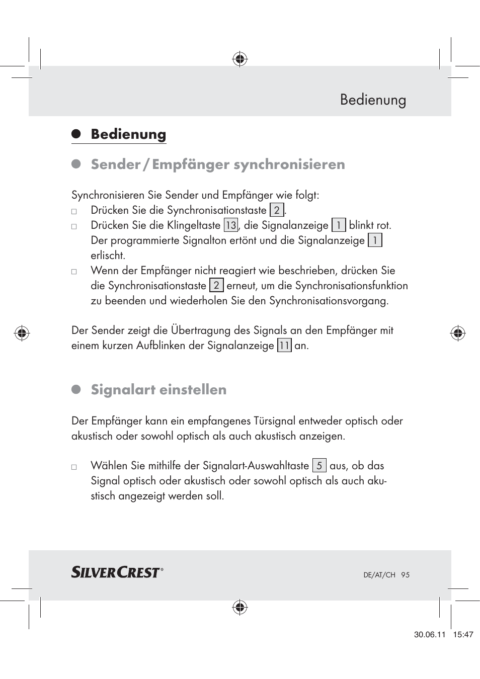 Bedienung, Sender / empfänger synchronisieren, Signalart einstellen | Silvercrest Z30914 User Manual | Page 96 / 101