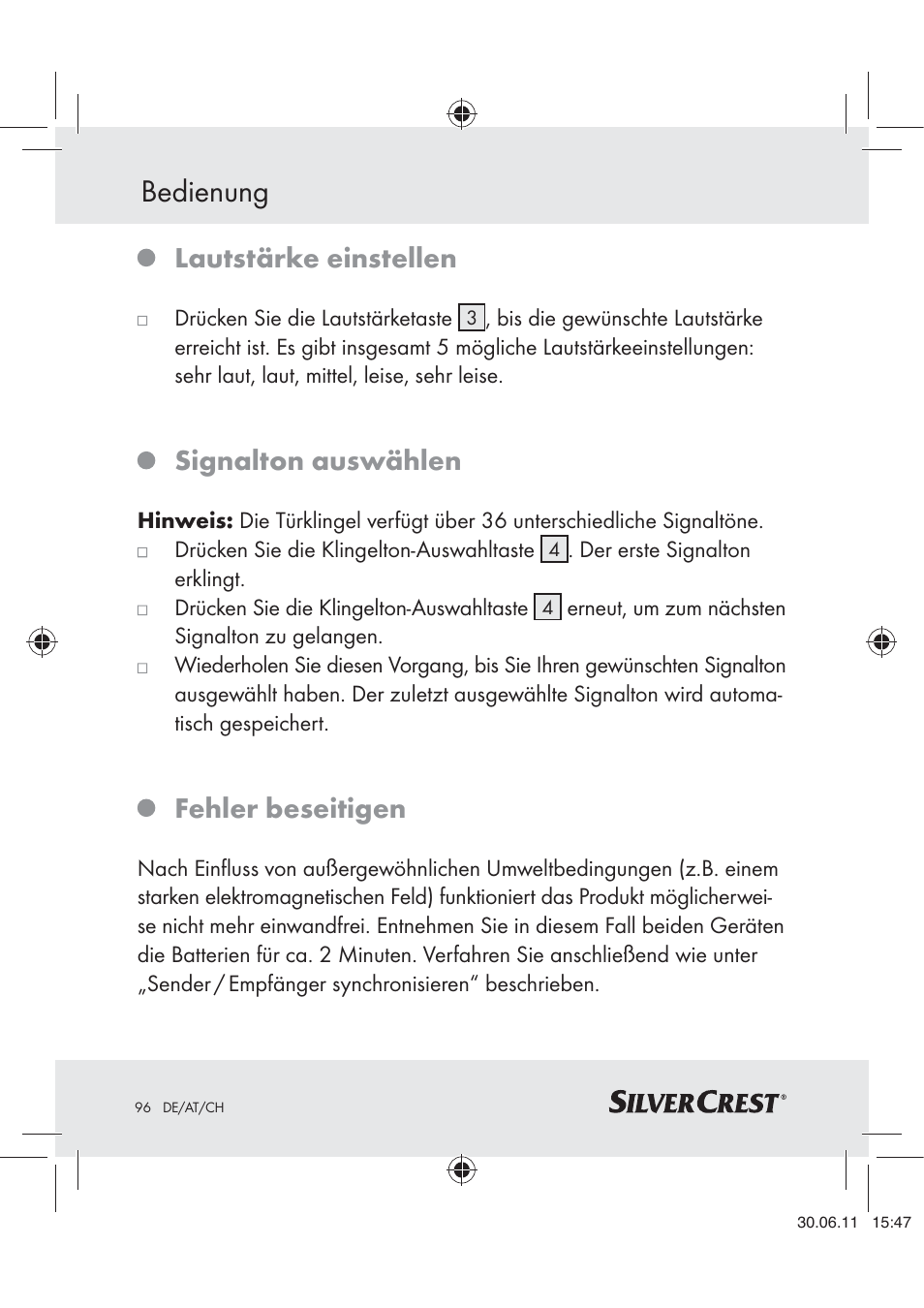 Bedienung, Lautstärke einstellen, Signalton auswählen | Fehler beseitigen | Silvercrest Z30914 User Manual | Page 97 / 101