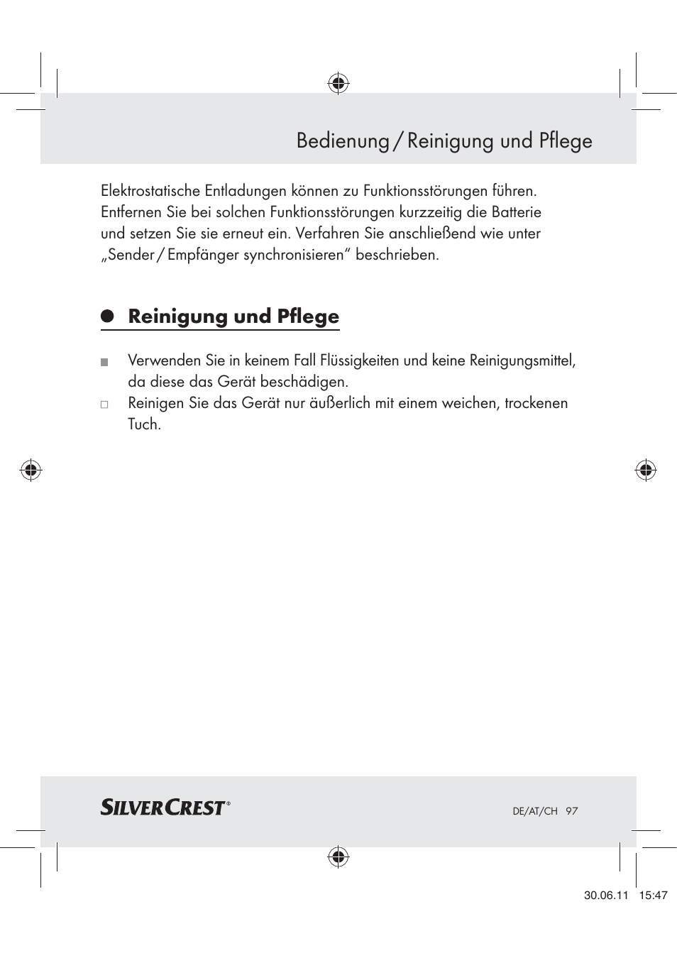 Bedienung / reinigung und pflege, Reinigung und pﬂege | Silvercrest Z30914 User Manual | Page 98 / 101