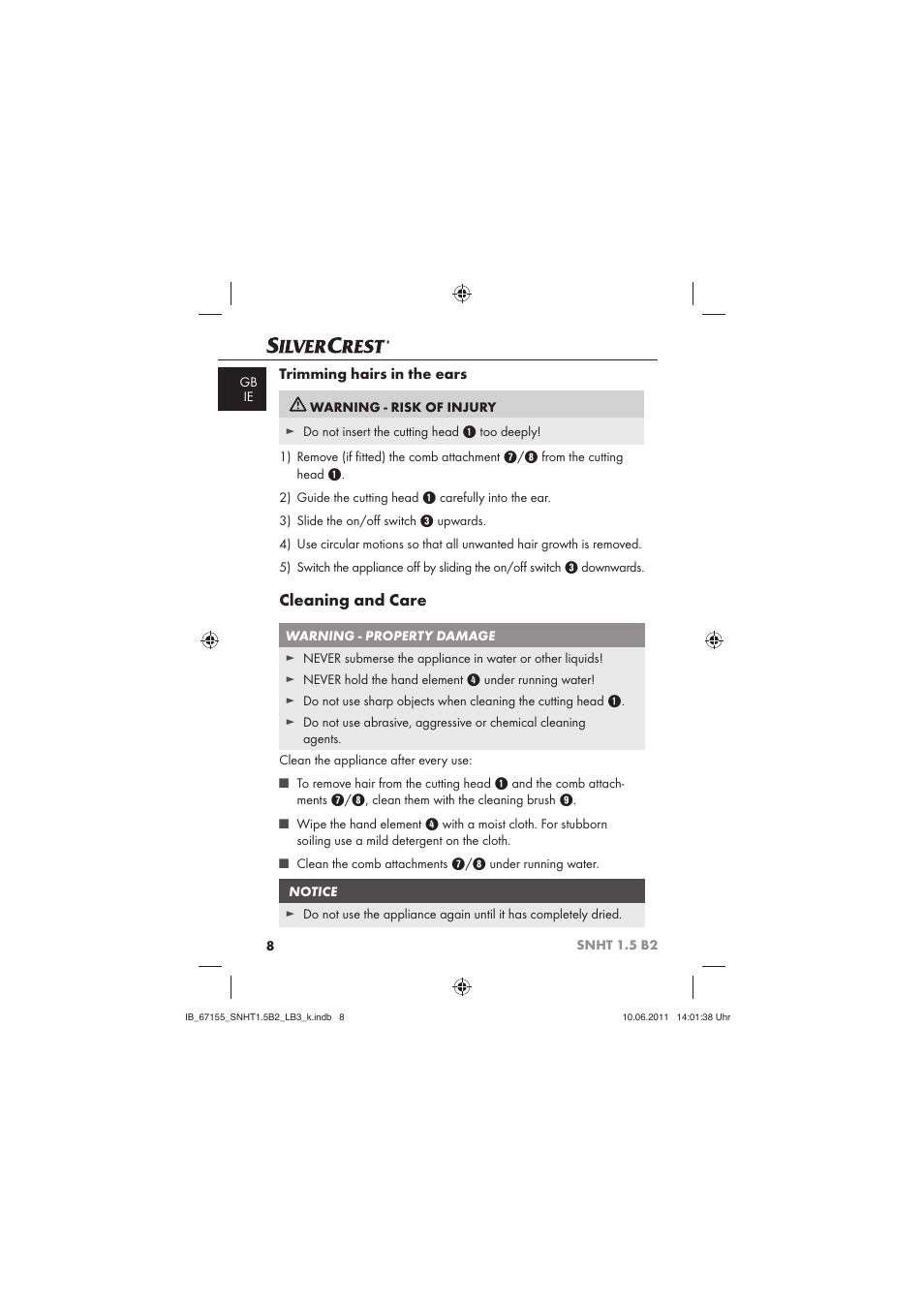 Cleaning and care | Silvercrest SNHT 1.5 B2 User Manual | Page 10 / 50