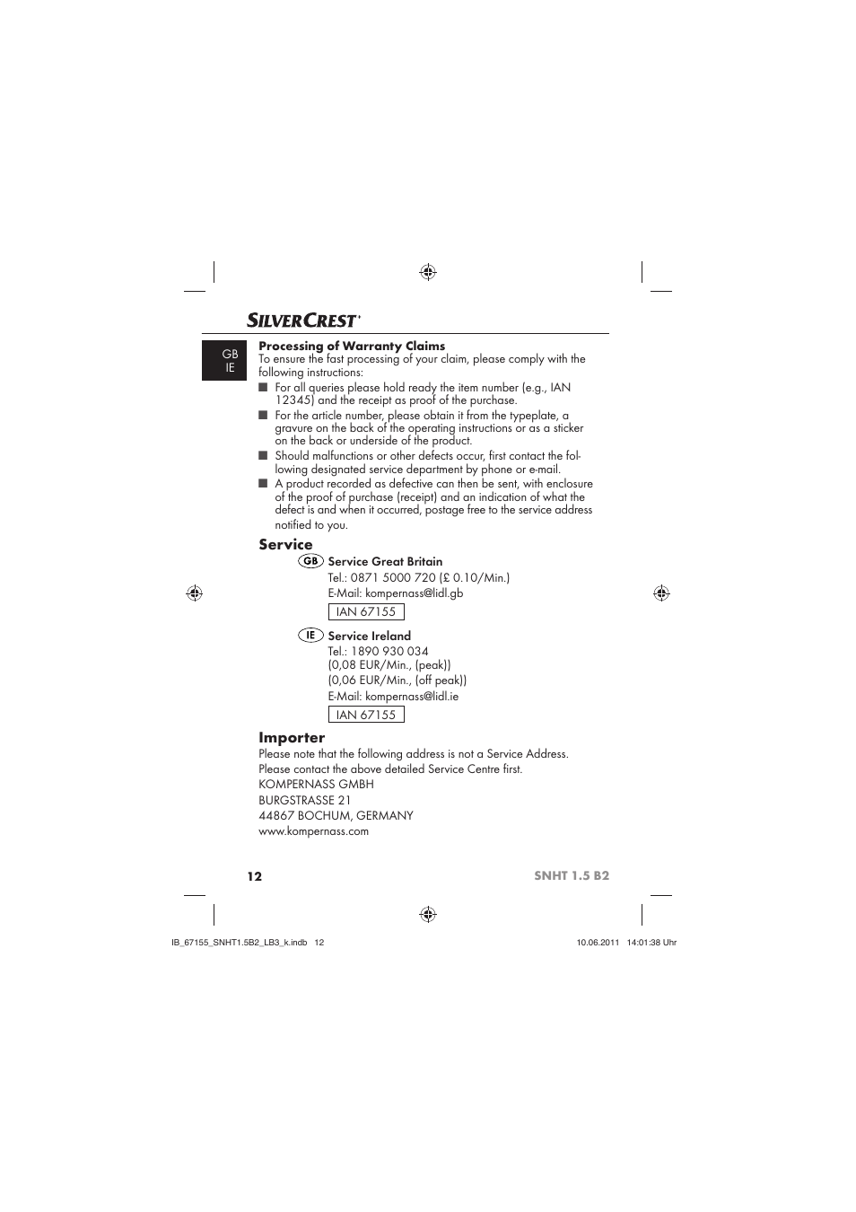 Service, Importer | Silvercrest SNHT 1.5 B2 User Manual | Page 14 / 50