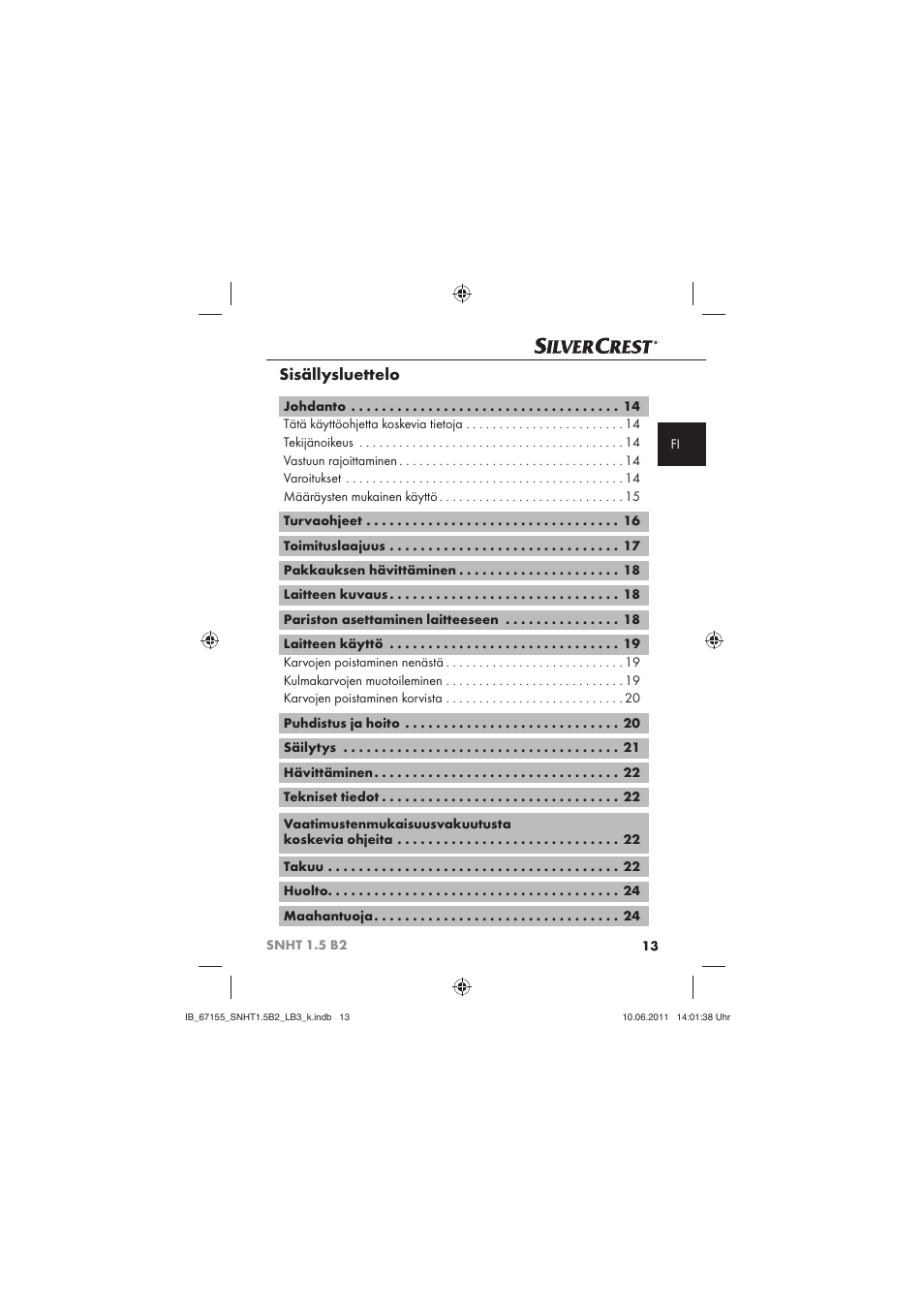 Sisällysluettelo | Silvercrest SNHT 1.5 B2 User Manual | Page 15 / 50