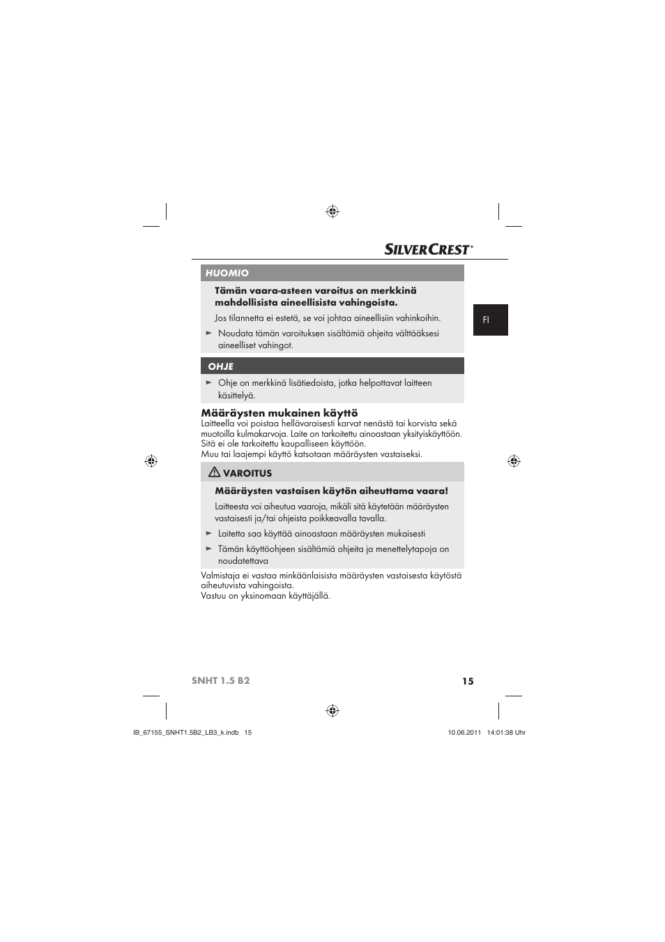 Määräysten mukainen käyttö | Silvercrest SNHT 1.5 B2 User Manual | Page 17 / 50