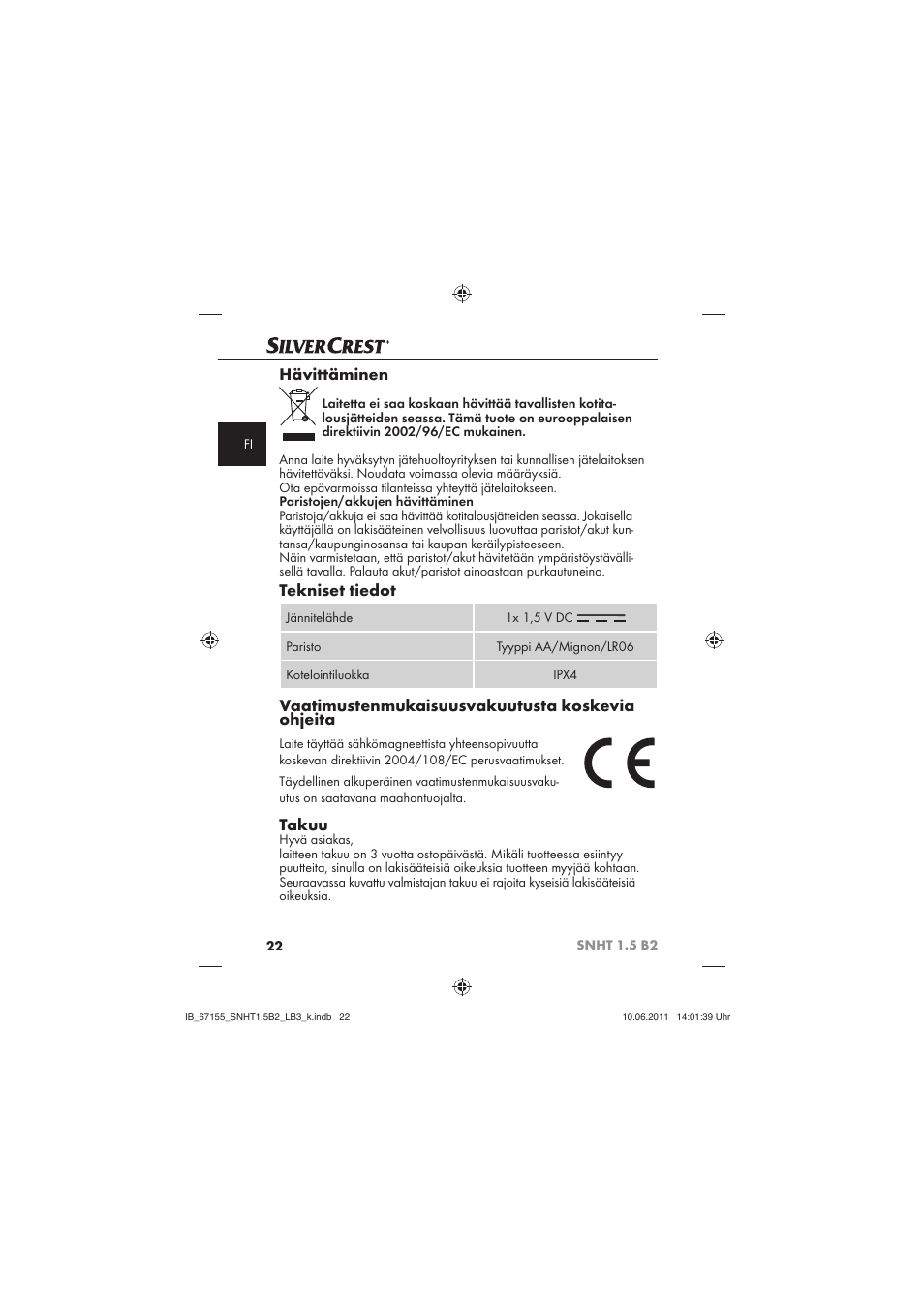 Hävittäminen, Tekniset tiedot, Vaatimustenmukaisuusvakuutusta koskevia ohjeita | Takuu | Silvercrest SNHT 1.5 B2 User Manual | Page 24 / 50