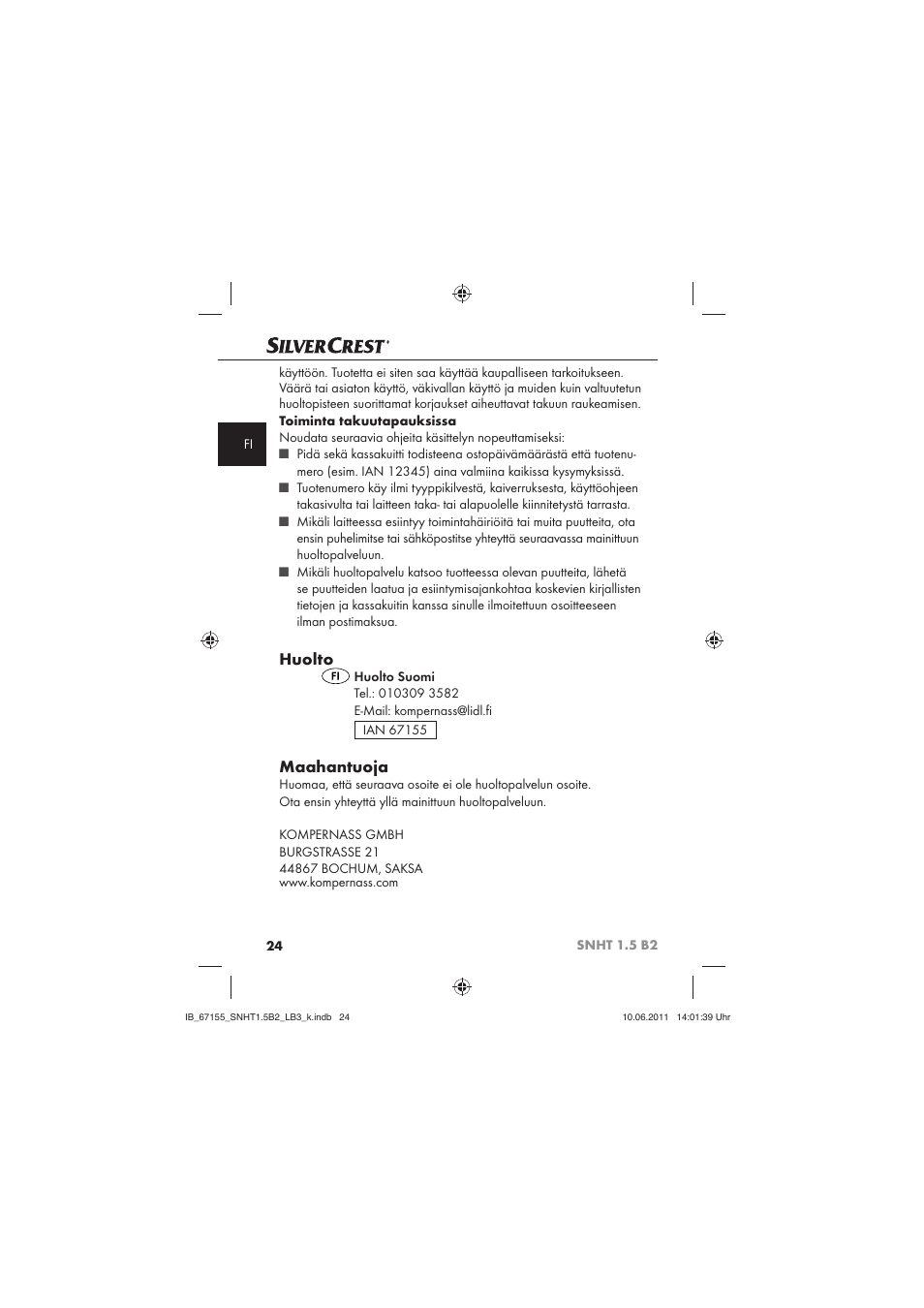 Huolto, Maahantuoja | Silvercrest SNHT 1.5 B2 User Manual | Page 26 / 50