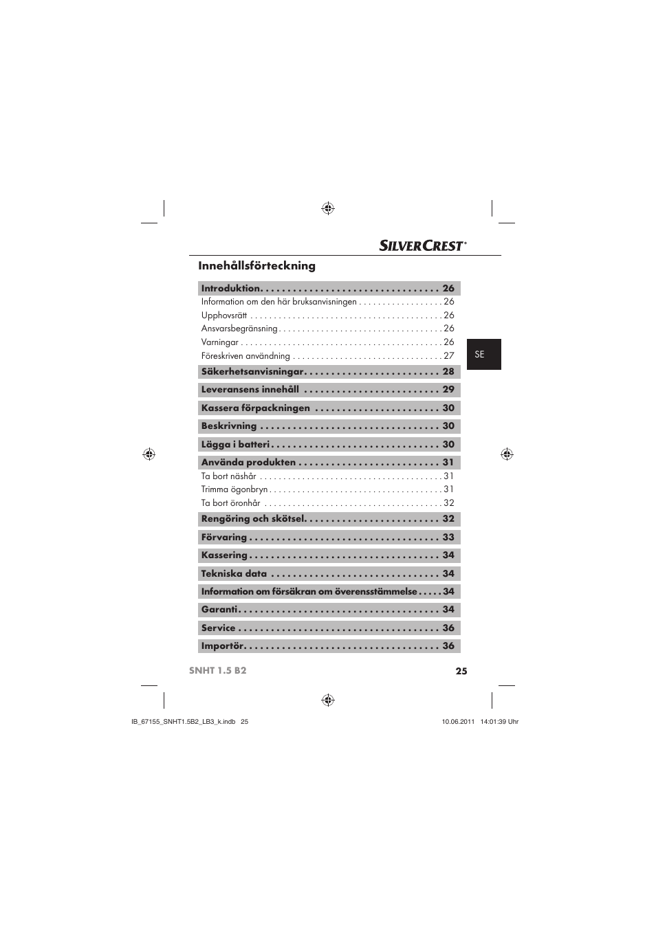 Innehållsförteckning | Silvercrest SNHT 1.5 B2 User Manual | Page 27 / 50