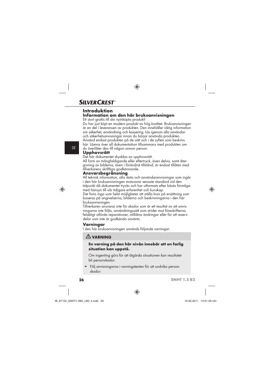 Introduktion, Information om den här bruksanvisningen, Upphovsrätt | Ansvarsbegränsning, Varningar | Silvercrest SNHT 1.5 B2 User Manual | Page 28 / 50