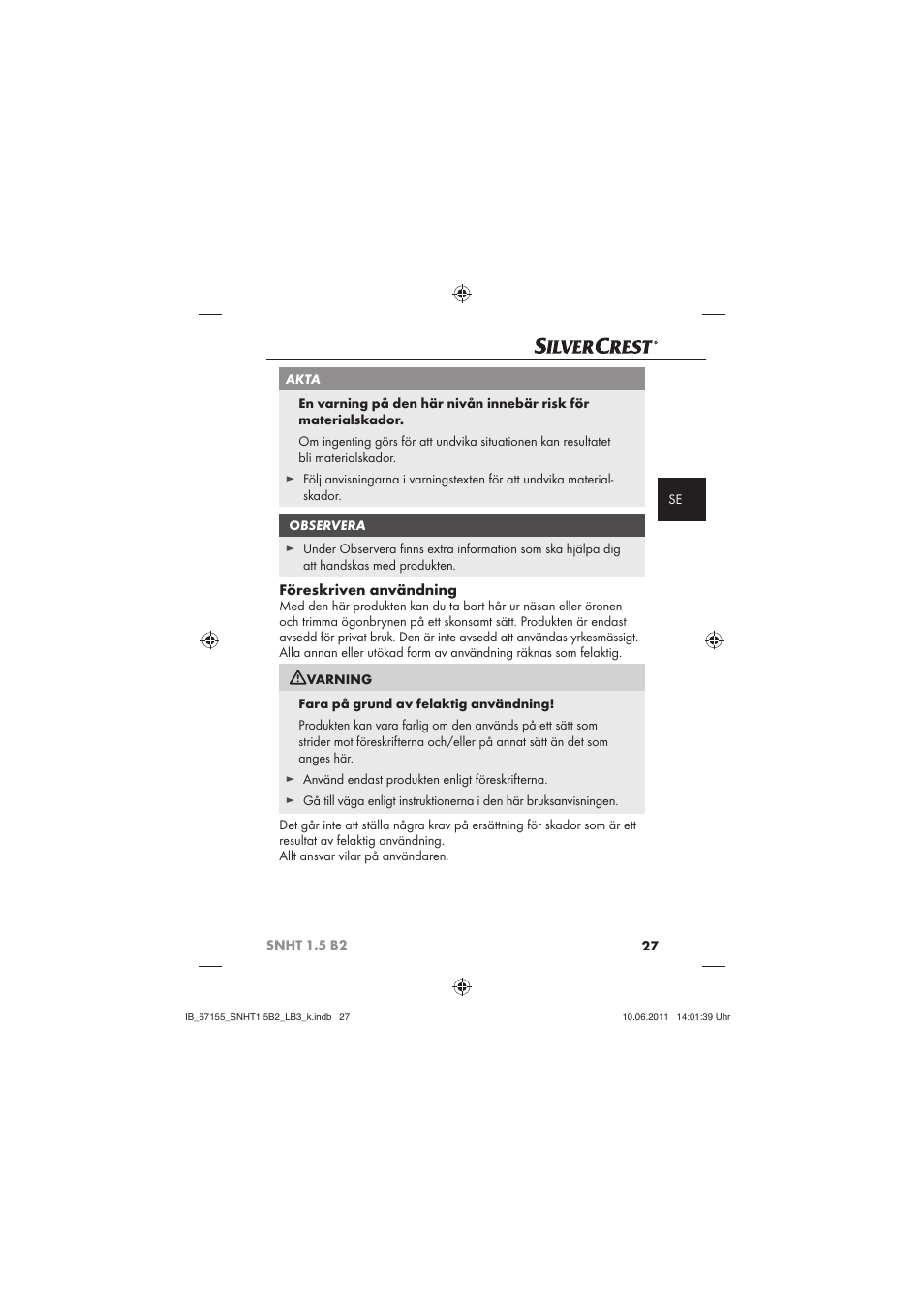 Föreskriven användning | Silvercrest SNHT 1.5 B2 User Manual | Page 29 / 50