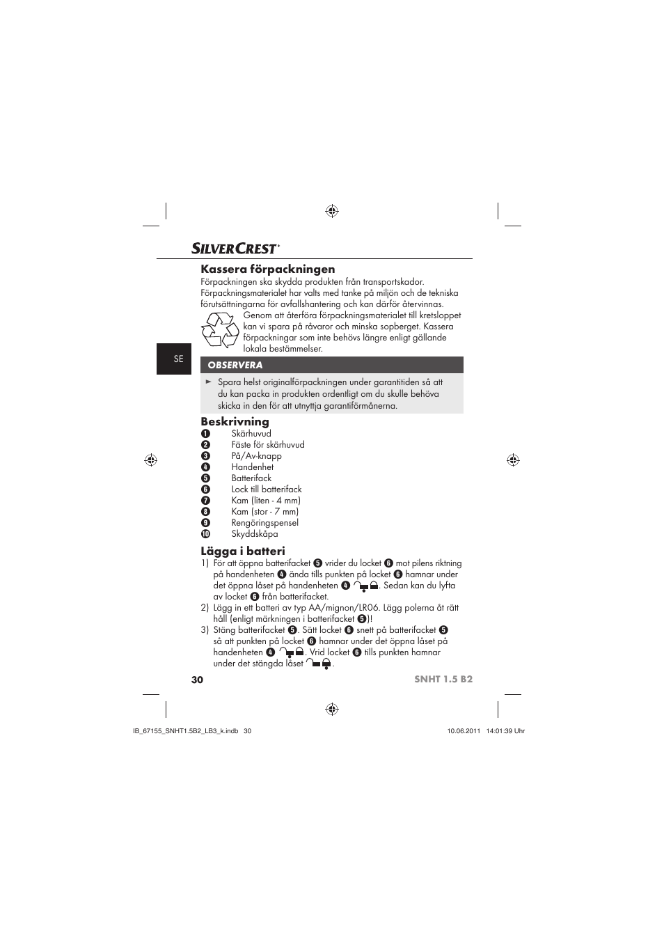 Kassera förpackningen, Beskrivning, Lägga i batteri | Silvercrest SNHT 1.5 B2 User Manual | Page 32 / 50