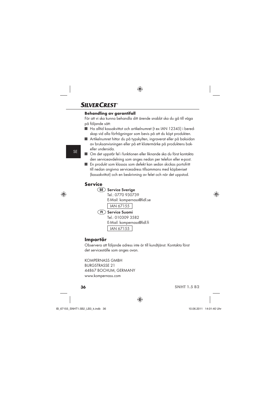 Service, Importör | Silvercrest SNHT 1.5 B2 User Manual | Page 38 / 50