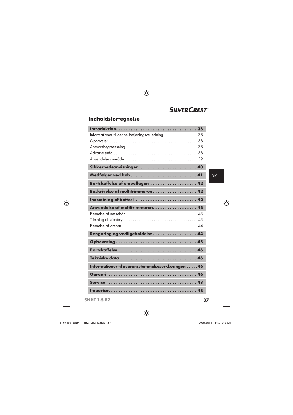 Indholdsfortegnelse | Silvercrest SNHT 1.5 B2 User Manual | Page 39 / 50