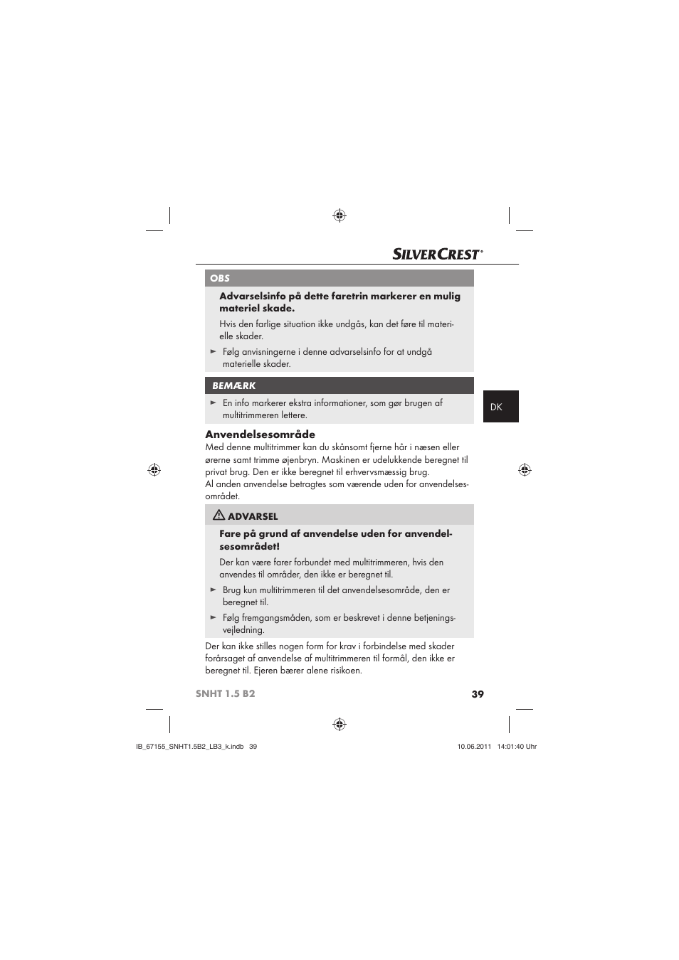 Anvendelsesområde | Silvercrest SNHT 1.5 B2 User Manual | Page 41 / 50
