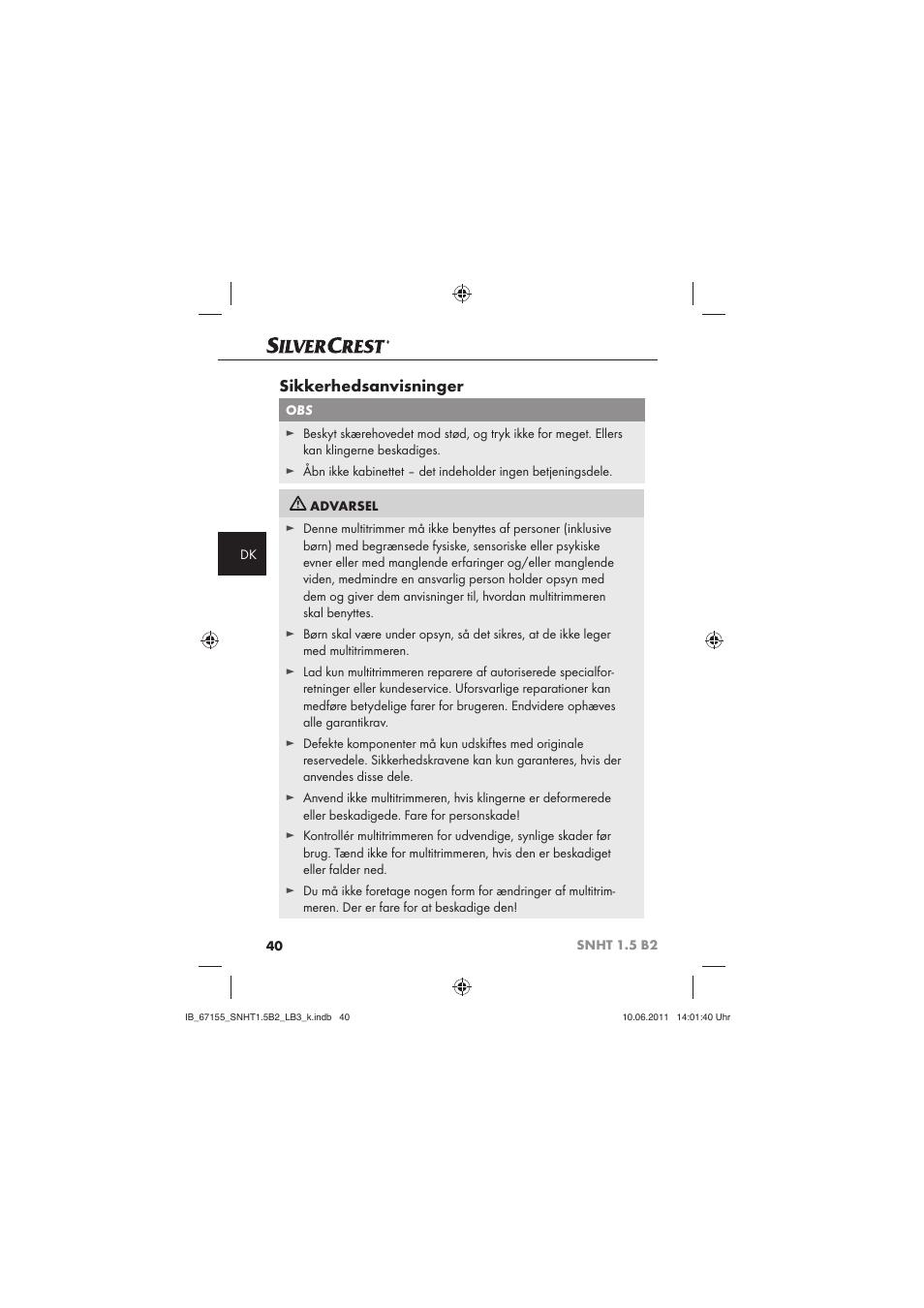 Sikkerhedsanvisninger | Silvercrest SNHT 1.5 B2 User Manual | Page 42 / 50