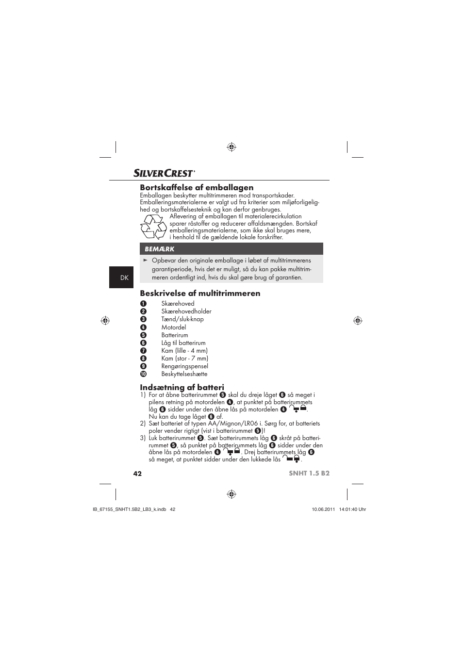 Bortskaﬀ else af emballagen, Beskrivelse af multitrimmeren, Indsætning af batteri | Silvercrest SNHT 1.5 B2 User Manual | Page 44 / 50